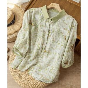 Women's Light Green Floral Long Sleeve Button-Up L #1912-D3